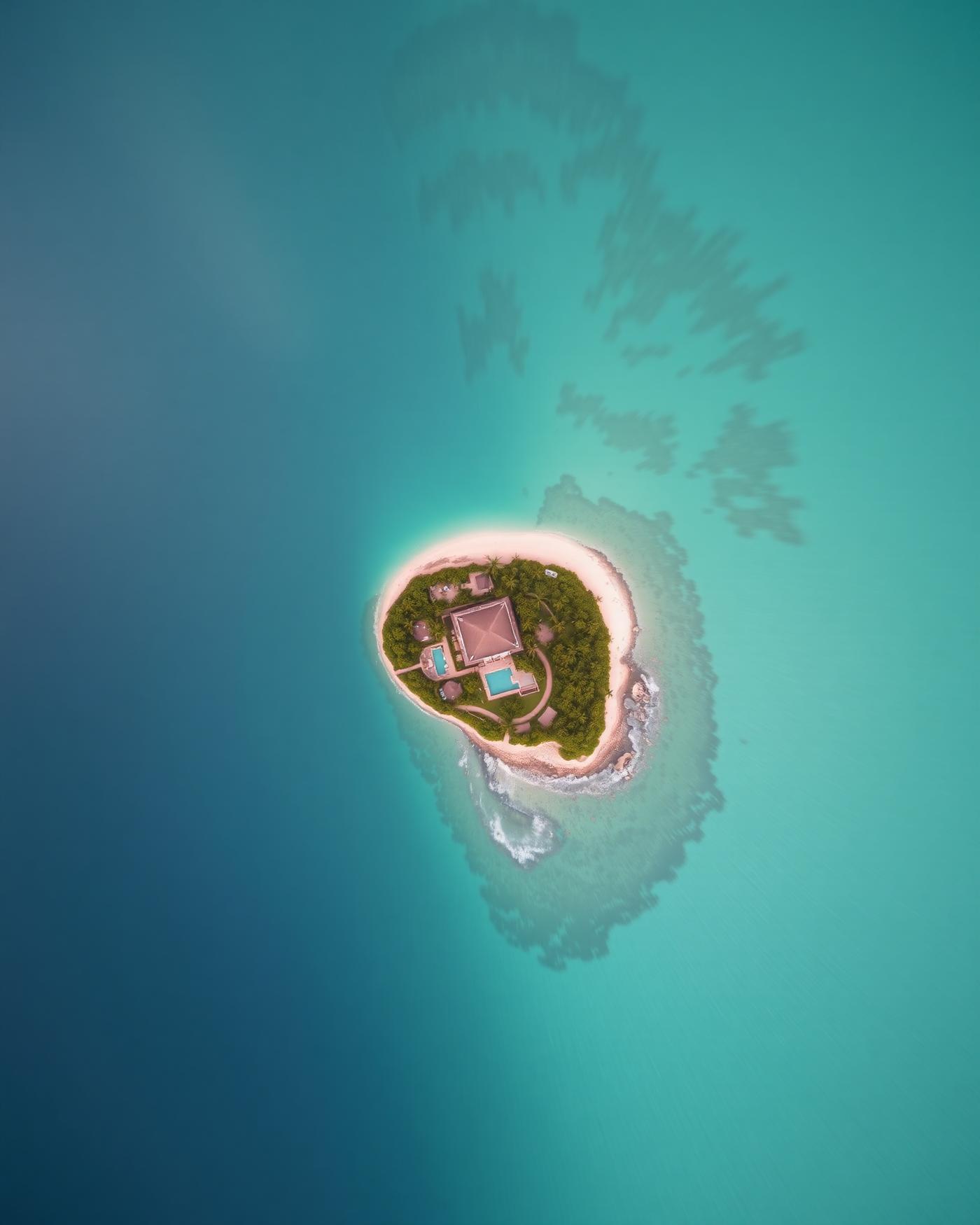 Aerial perspective of an island resort