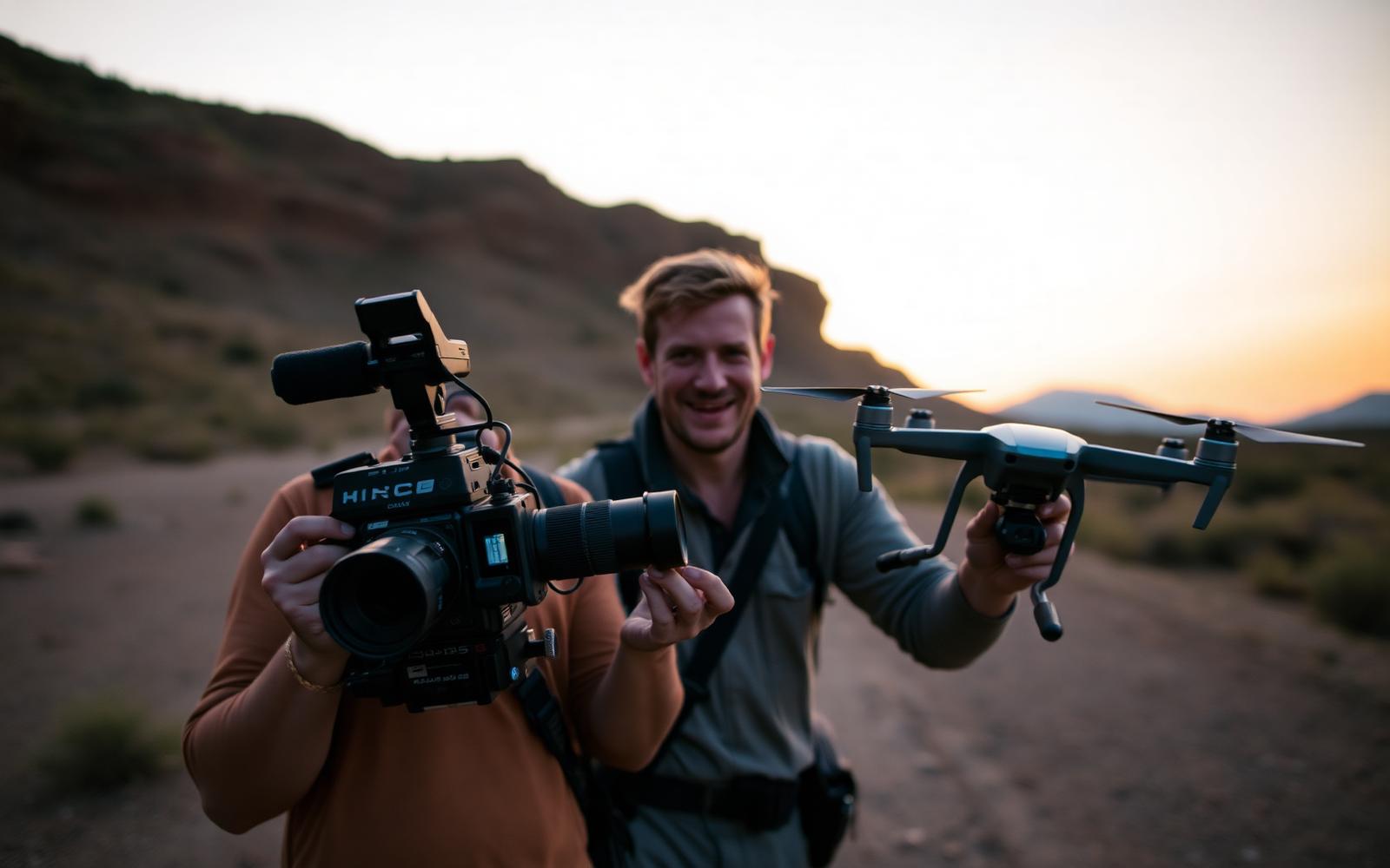 Two travelling filmmakers on location with a cinema camera and drone
